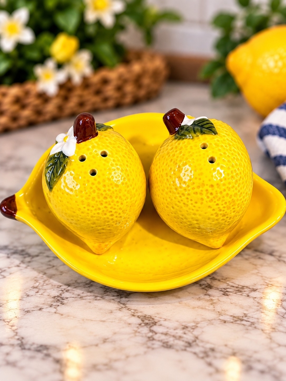 Bright Yellow Ceramic Lemon Salt & Pepper Shakers with Matching Saucer - NWT